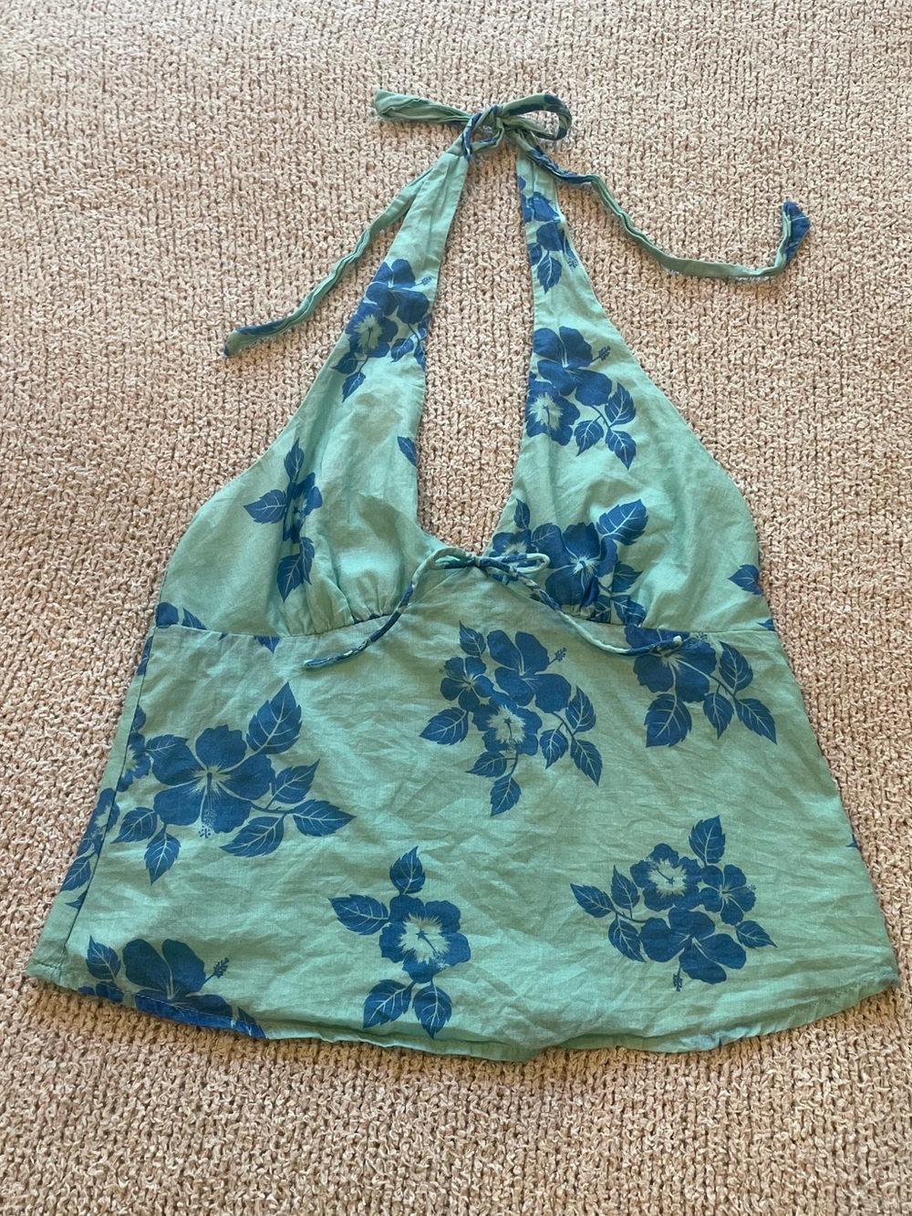 Full Tilt Green Halter Top with Blue Floral Print - size Small